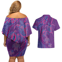 Hawaiian Turtles and Polynesian Art Tattoo Couples Matching Off Shoulder Short Dress and Hawaiian Shirt Dusky Violet LT03 - Polynesian Pride