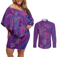 Hawaiian Turtles and Polynesian Art Tattoo Couples Matching Off Shoulder Short Dress and Long Sleeve Button Shirt Dusky Violet LT03 Purple - Polynesian Pride