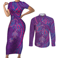 Hawaiian Turtles and Polynesian Art Tattoo Couples Matching Short Sleeve Bodycon Dress and Long Sleeve Button Shirt Dusky Violet LT03 Purple - Polynesian Pride