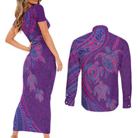 Hawaiian Turtles and Polynesian Art Tattoo Couples Matching Short Sleeve Bodycon Dress and Long Sleeve Button Shirt Dusky Violet LT03 - Polynesian Pride