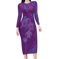 Hawaiian Turtles and Polynesian Art Tattoo Family Matching Long Sleeve Bodycon Dress and Hawaiian Shirt Dusky Violet LT03 Mom's Dress Purple - Polynesian Pride