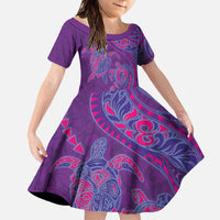 Hawaiian Turtles and Polynesian Art Tattoo Family Matching Off The Shoulder Long Sleeve Dress and Hawaiian Shirt Dusky Violet LT03 Daughter's Dress Purple - Polynesian Pride