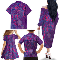 Hawaiian Turtles and Polynesian Art Tattoo Family Matching Off The Shoulder Long Sleeve Dress and Hawaiian Shirt Dusky Violet LT03 - Polynesian Pride
