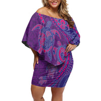 Hawaiian Turtles and Polynesian Art Tattoo Off Shoulder Short Dress Dusky Violet