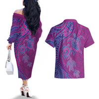Hawaiian Turtles and Polynesian Art Tattoo Couples Matching Off The Shoulder Long Sleeve Dress and Hawaiian Shirt Cerise LT03 - Polynesian Pride