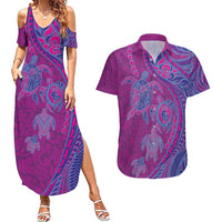 Hawaiian Turtles and Polynesian Art Tattoo Couples Matching Summer Maxi Dress and Hawaiian Shirt Cerise LT03 Pink - Polynesian Pride