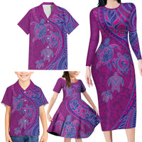 Hawaiian Turtles and Polynesian Art Tattoo Family Matching Long Sleeve Bodycon Dress and Hawaiian Shirt Cerise