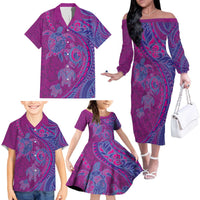 Hawaiian Turtles and Polynesian Art Tattoo Family Matching Off The Shoulder Long Sleeve Dress and Hawaiian Shirt Cerise