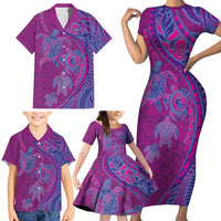 Hawaiian Turtles and Polynesian Art Tattoo Family Matching Short Sleeve Bodycon Dress and Hawaiian Shirt Cerise