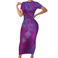 Hawaiian Turtles and Polynesian Art Tattoo Short Sleeve Bodycon Dress Cerise