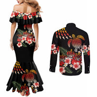 Hawaiian Hibiscus Turtle and Tropical Flower Couples Matching Mermaid Dress and Long Sleeve Button Shirt Dynamic Vibe LT03 - Polynesian Pride