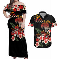 Hawaiian Hibiscus Turtle and Tropical Flower Couples Matching Off Shoulder Maxi Dress and Hawaiian Shirt Dynamic Vibe LT03 Black - Polynesian Pride