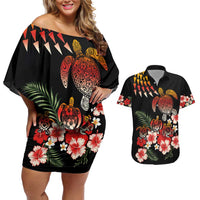 Hawaiian Hibiscus Turtle and Tropical Flower Couples Matching Off Shoulder Short Dress and Hawaiian Shirt Dynamic Vibe LT03 Black - Polynesian Pride