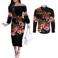Hawaiian Hibiscus Turtle and Tropical Flower Couples Matching Off The Shoulder Long Sleeve Dress and Long Sleeve Button Shirt Dynamic Vibe LT03 Black - Polynesian Pride