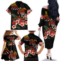 Hawaiian Hibiscus Turtle and Tropical Flower Family Matching Off The Shoulder Long Sleeve Dress and Hawaiian Shirt Dynamic Vibe LT03 - Polynesian Pride