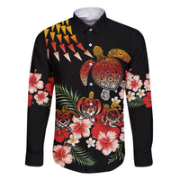 Hawaiian Hibiscus Turtle and Tropical Flower Family Matching Off Shoulder Short Dress and Hawaiian Shirt Dynamic Vibe LT03 Dad's Shirt - Long Sleeve Black - Polynesian Pride