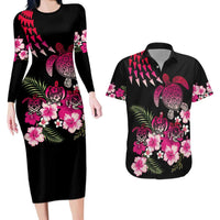 Hawaiian Hibiscus Turtle and Tropical Flower Couples Matching Long Sleeve Bodycon Dress and Hawaiian Shirt Sweet Vibe LT03 Black - Polynesian Pride