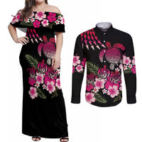 Hawaiian Hibiscus Turtle and Tropical Flower Couples Matching Off Shoulder Maxi Dress and Long Sleeve Button Shirt Sweet Vibe LT03 Black - Polynesian Pride