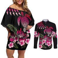 Hawaiian Hibiscus Turtle and Tropical Flower Couples Matching Off Shoulder Short Dress and Long Sleeve Button Shirt Sweet Vibe LT03 Black - Polynesian Pride