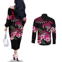 Hawaiian Hibiscus Turtle and Tropical Flower Couples Matching Off The Shoulder Long Sleeve Dress and Long Sleeve Button Shirt Sweet Vibe LT03 - Polynesian Pride