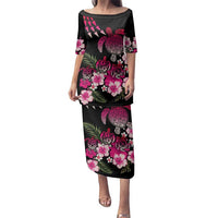 Hawaiian Hibiscus Turtle and Tropical Flower Family Matching Puletasi and Hawaiian Shirt Sweet Vibe LT03 Mom's Dress Black - Polynesian Pride