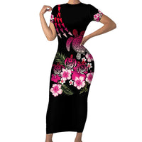 Hawaiian Hibiscus Turtle and Tropical Flower Short Sleeve Bodycon Dress Sweet Vibe LT03 Long Dress Black - Polynesian Pride