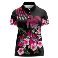 Hawaiian Hibiscus Turtle and Tropical Flower Women Polo Shirt Sweet Vibe LT03 Female Black - Polynesian Pride