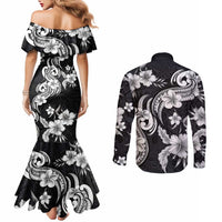 Hawaiian-Polynesian Art Tattoo Couples Matching Mermaid Dress and Long Sleeve Button Shirt Hibiscus and Plumeria Grayscale LT03 - Polynesian Pride
