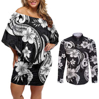 Hawaiian-Polynesian Art Tattoo Couples Matching Off Shoulder Short Dress and Long Sleeve Button Shirt Hibiscus and Plumeria Grayscale LT03 Black - Polynesian Pride