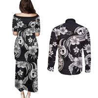 Hawaiian-Polynesian Art Tattoo Couples Matching Puletasi and Long Sleeve Button Shirt Hibiscus and Plumeria Grayscale LT03 - Polynesian Pride