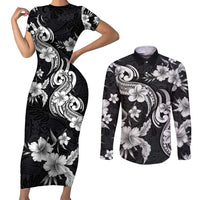 Hawaiian-Polynesian Art Tattoo Couples Matching Short Sleeve Bodycon Dress and Long Sleeve Button Shirt Hibiscus and Plumeria Grayscale LT03 Black - Polynesian Pride