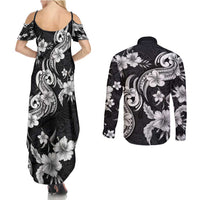 Hawaiian-Polynesian Art Tattoo Couples Matching Summer Maxi Dress and Long Sleeve Button Shirt Hibiscus and Plumeria Grayscale LT03 - Polynesian Pride