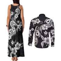 Hawaiian-Polynesian Art Tattoo Couples Matching Tank Maxi Dress and Long Sleeve Button Shirt Hibiscus and Plumeria Grayscale LT03 - Polynesian Pride