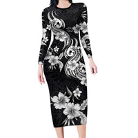 Hawaiian-Polynesian Art Tattoo Family Matching Long Sleeve Bodycon Dress and Hawaiian Shirt Hibiscus and Plumeria Grayscale LT03 Mom's Dress Black - Polynesian Pride
