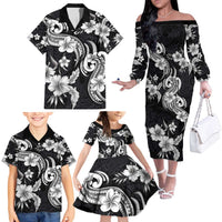 Hawaiian-Polynesian Art Tattoo Family Matching Off The Shoulder Long Sleeve Dress and Hawaiian Shirt Hibiscus and Plumeria Grayscale LT03 - Polynesian Pride
