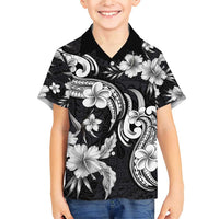 Hawaiian-Polynesian Art Tattoo Family Matching Short Sleeve Bodycon Dress and Hawaiian Shirt Hibiscus and Plumeria Grayscale LT03 Son's Shirt Black - Polynesian Pride