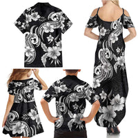 Hawaiian-Polynesian Art Tattoo Family Matching Summer Maxi Dress and Hawaiian Shirt Hibiscus and Plumeria Grayscale LT03 - Polynesian Pride