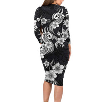 Hawaiian-Polynesian Art Tattoo Long Sleeve Bodycon Dress Hibiscus and Plumeria Grayscale LT03 - Polynesian Pride