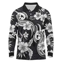 Hawaiian-Polynesian Art Tattoo Long Sleeve Polo Shirt Hibiscus and Plumeria Grayscale LT03 Black - Polynesian Pride