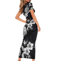 Hawaiian-Polynesian Art Tattoo Short Sleeve Bodycon Dress Hibiscus and Plumeria Grayscale LT03 - Polynesian Pride