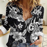 Hawaiian-Polynesian Art Tattoo Women Casual Shirt Hibiscus and Plumeria Grayscale LT03 Female Black - Polynesian Pride