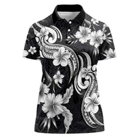 Hawaiian-Polynesian Art Tattoo Women Polo Shirt Hibiscus and Plumeria Grayscale LT03 Female Black - Polynesian Pride