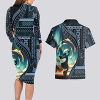 Samoan Siapo Motif and Siva Afi Dance Couples Matching Long Sleeve Bodycon Dress and Hawaiian Shirt LT03 - Polynesian Pride