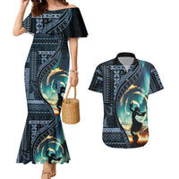 Samoan Siapo Motif and Siva Afi Dance Couples Matching Mermaid Dress and Hawaiian Shirt LT03 Blue - Polynesian Pride