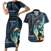 Samoan Siapo Motif and Siva Afi Dance Couples Matching Short Sleeve Bodycon Dress and Hawaiian Shirt LT03 Blue - Polynesian Pride