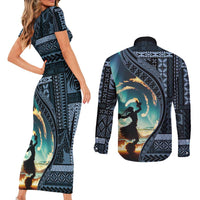 Samoan Siapo Motif and Siva Afi Dance Couples Matching Short Sleeve Bodycon Dress and Long Sleeve Button Shirt LT03 - Polynesian Pride