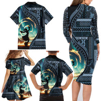 Samoan Siapo Motif and Siva Afi Dance Family Matching Long Sleeve Bodycon Dress and Hawaiian Shirt LT03 - Polynesian Pride