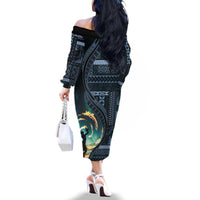 Samoan Siapo Motif and Siva Afi Dance Family Matching Off The Shoulder Long Sleeve Dress and Hawaiian Shirt LT03 - Polynesian Pride