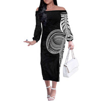 Samoan Art Tattoo Polynesian Pattern Family Matching Off The Shoulder Long Sleeve Dress and Hawaiian Shirt LT03 Mom's Dress Black - Polynesian Pride