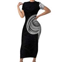 Samoan Art Tattoo Polynesian Pattern Family Matching Short Sleeve Bodycon Dress and Hawaiian Shirt LT03 Mom's Dress Black - Polynesian Pride